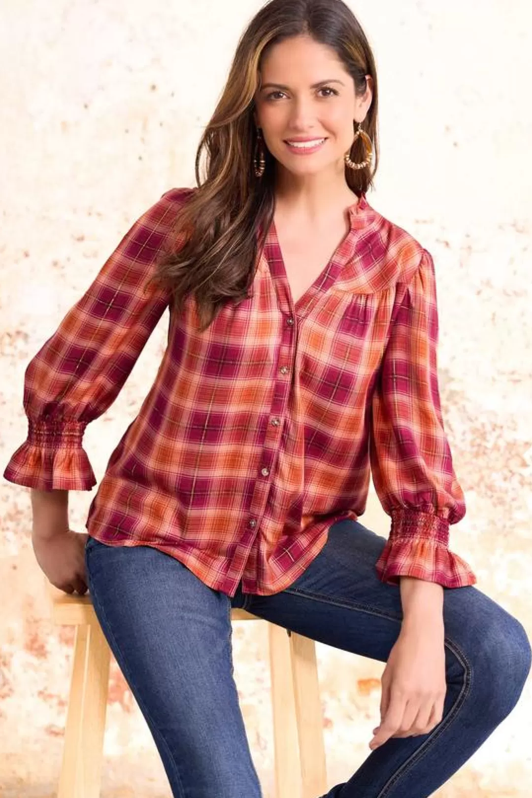 Cato Tops | Ruffled Plaid Top