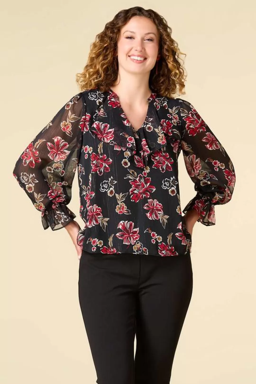 Cato Tops | Ruffled Red Floral Top