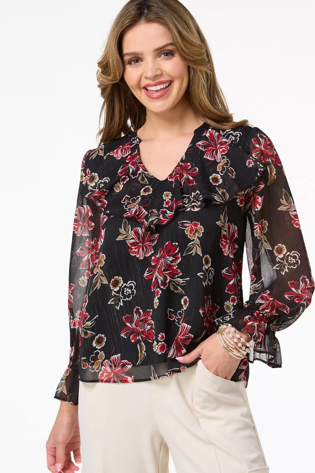 Cato Tops | Ruffled Red Floral Top