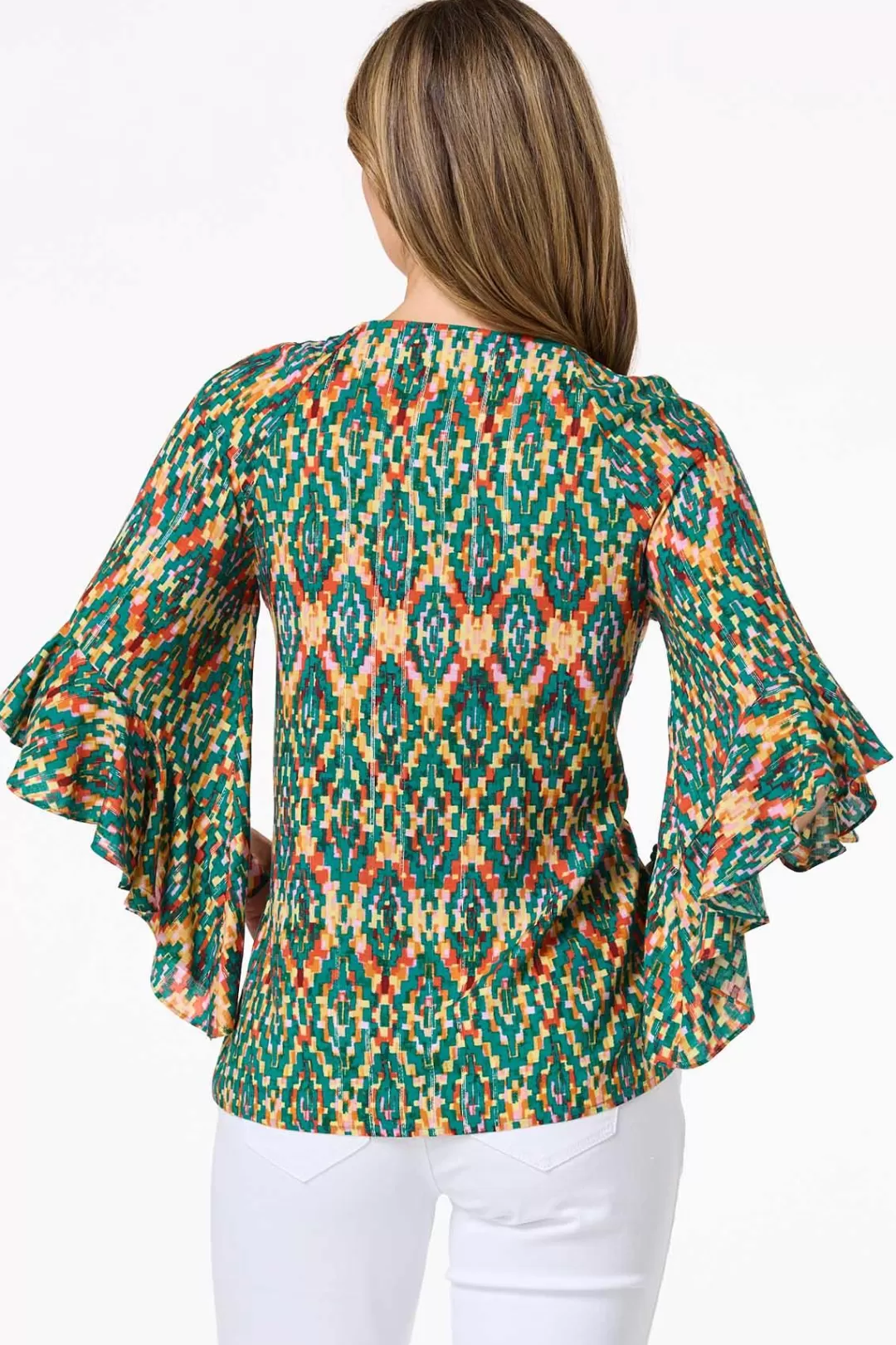 Cato Tops | Ruffled Shimmer Print Top