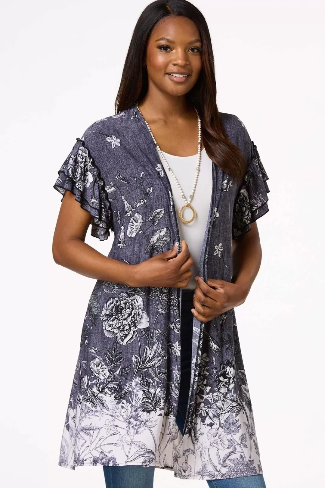 Cato Tops | Ruffled Sketch Floral Kimono