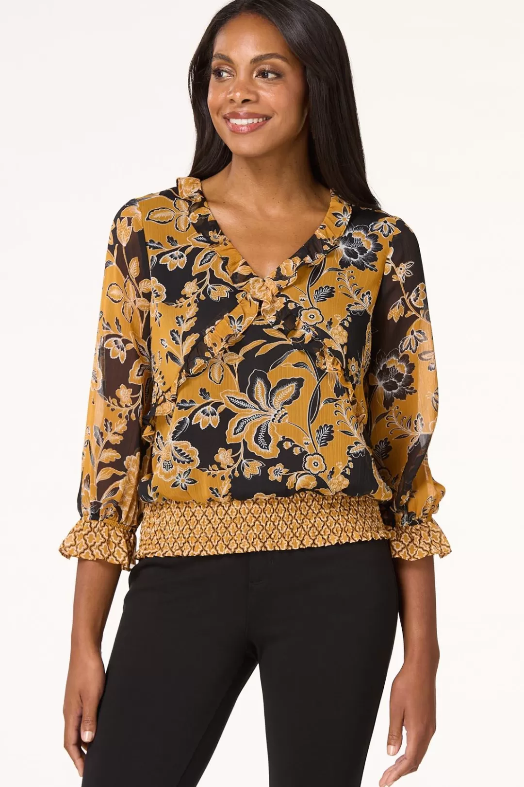 Cato Tops | Smocked Gold Floral Top