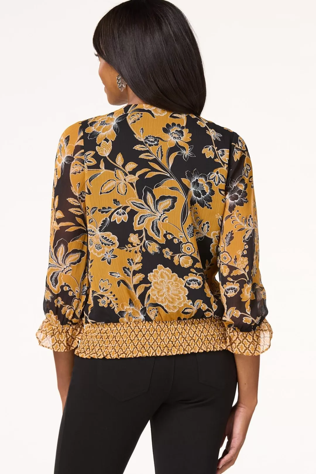 Cato Tops | Smocked Gold Floral Top