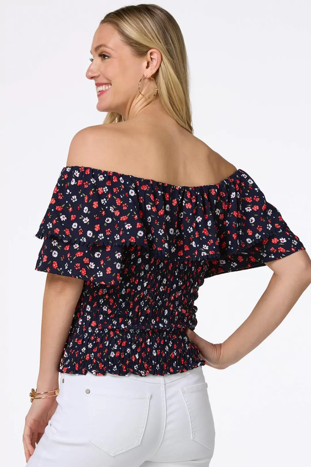 Cato Tops | Smocked Navy Floral Top