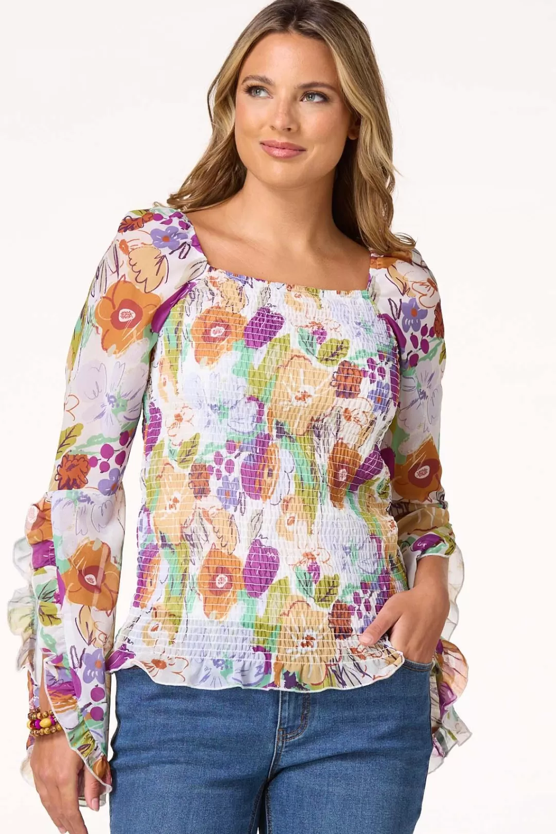 Cato Tops | Smocked Romantic Floral Top