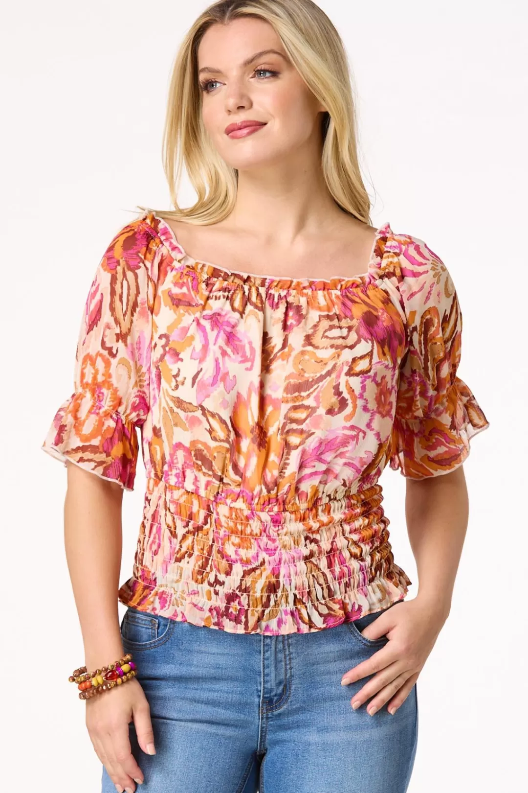 Cato Tops | Smocked Sunrise Floral Top