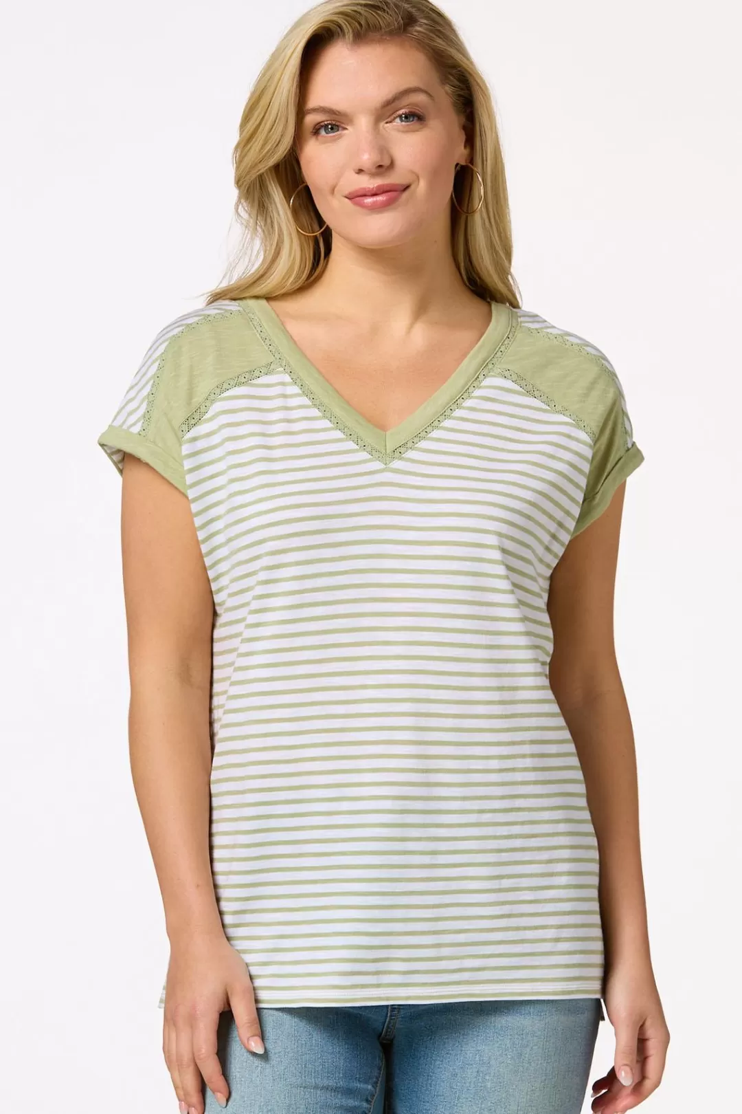 Cato Tops | Striped Lace Trim Top