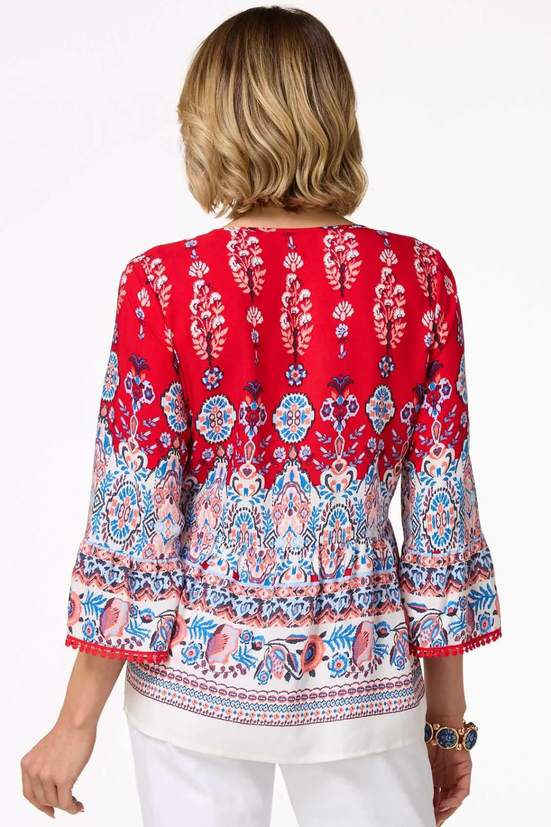 Cato Tops | Tasseled Border Print Top