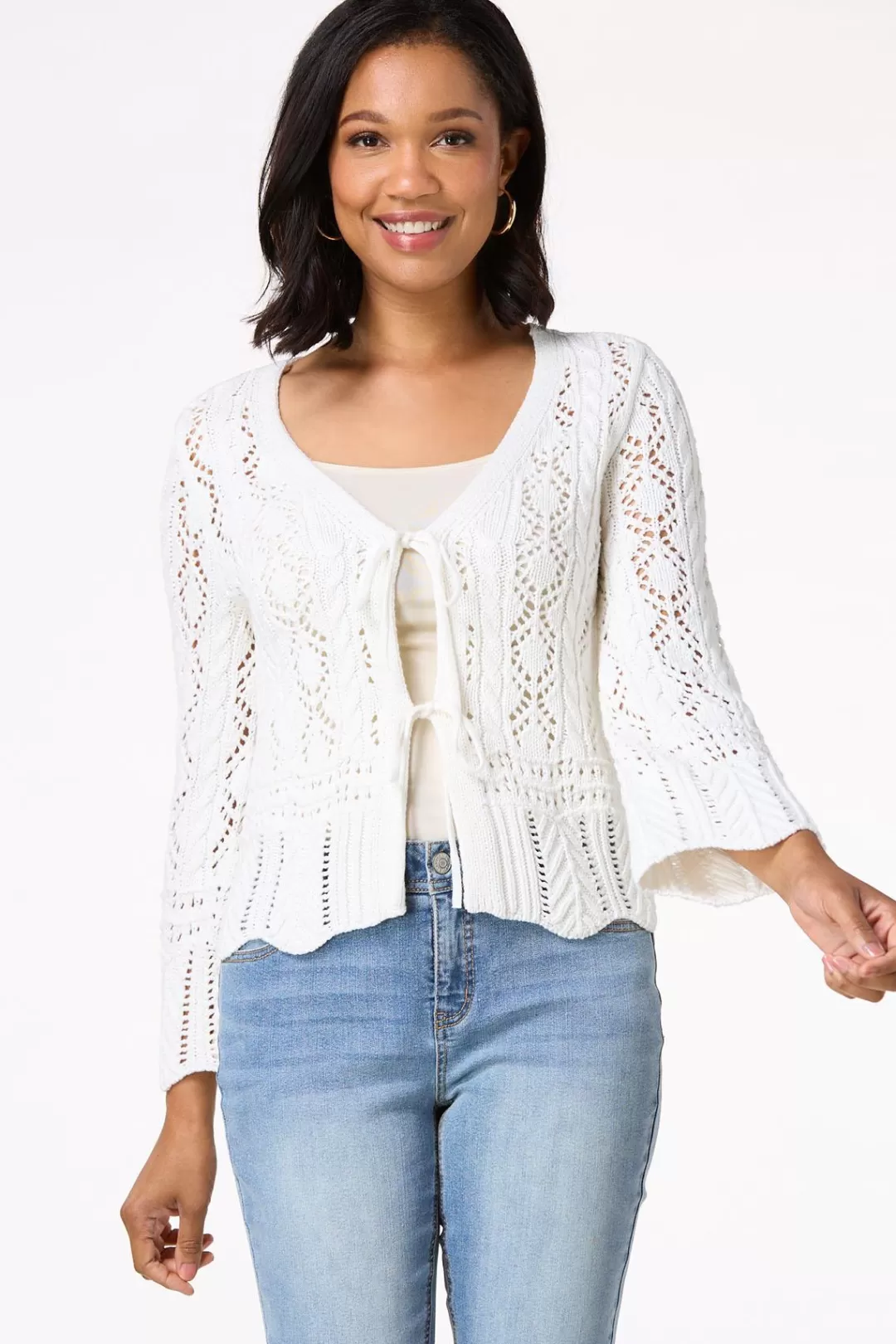 Cato Sweaters | Tie Front Pointelle Cardigan