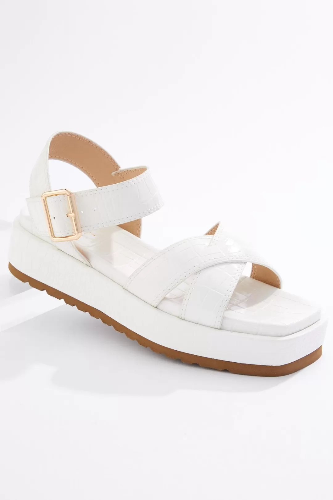 Cato Sandals | White Croc Crossband Sandals