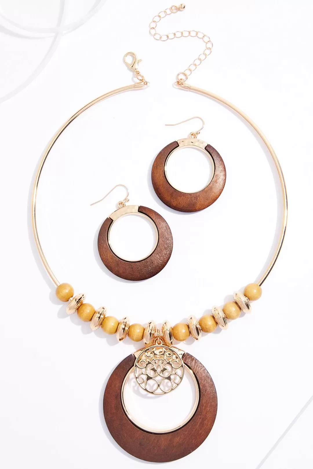 Cato Sets | Necklaces | Wood Circle Gold Pendant Necklace Set