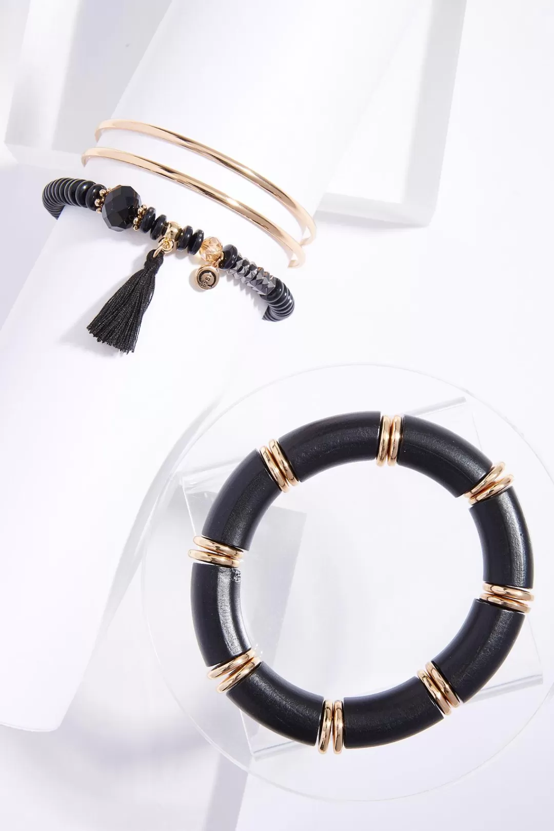 Cato Bracelets | Xl Black Wood Gold Multi Bracelet Set