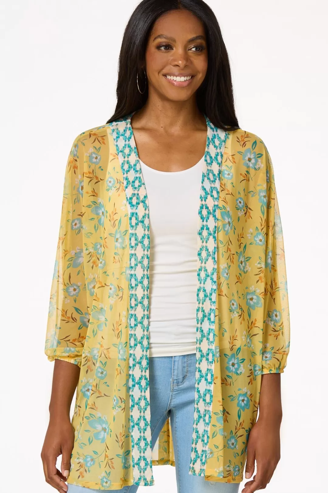 Cato Tops | Yellow Floral Mesh Kimono