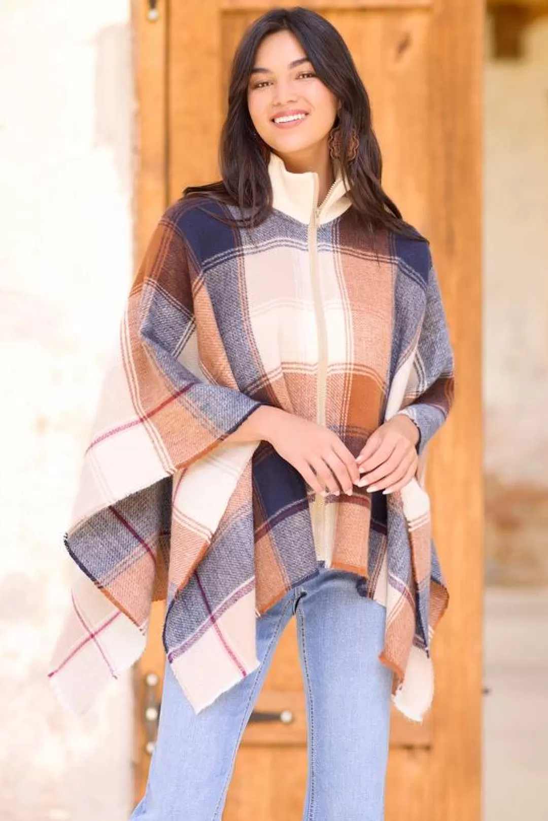 Cato Cold Weather | Zip Front Collared Plaid Poncho