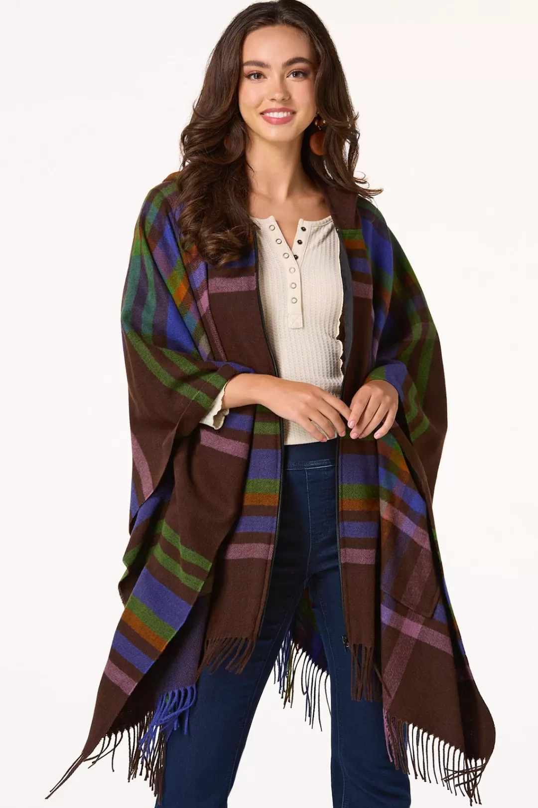 Cato Cold Weather | Zip Plaid Hooded Poncho